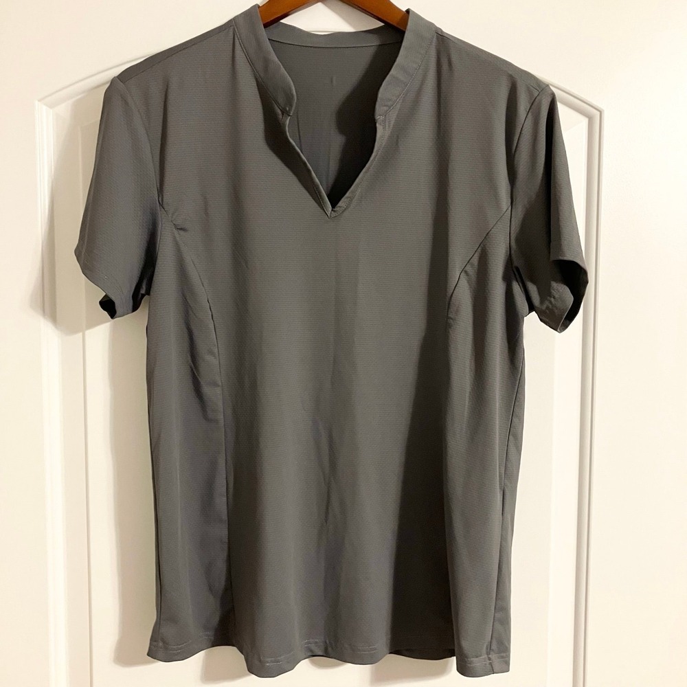 Obla Women's Lg Grey Polo Shirt V-neck Short Sleeve Collarless Tennis Golf Top